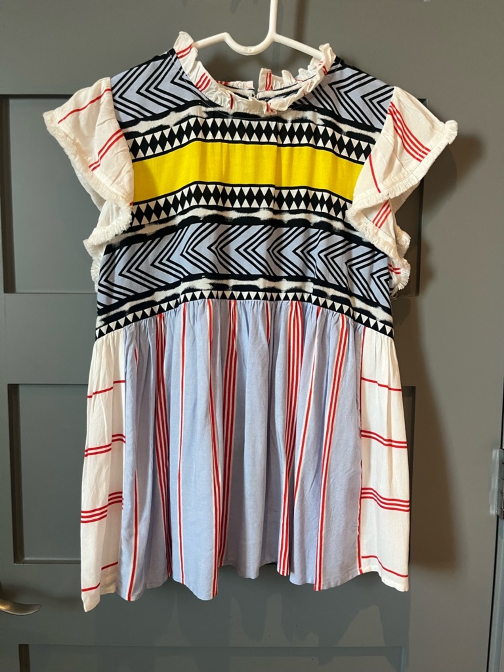 THML Geometric Mixed-Stripe Ruffle Tunic in Worn Once Sz S